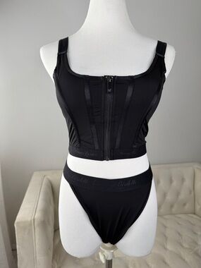 Honey Birdette Black Zip-Front Longline corset top & High-Cut thong panty Set M